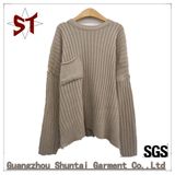 Women Round Neck Long-Sleeved Pure Color Twill Sweater