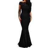 Wholesale Women Black Bardot Lace Fishtail Maxi Evening Dress