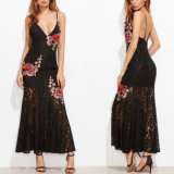Fashion Women Sexy Slim V-Neck Embroidery Lace Backless Bodycon Slip Dress