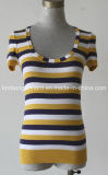Women Knitted Round Neck Short Sleeve Clothing with Color Stripes