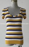 Women Knitted Round Neck Short Sleeve Clothing with Color Stripes