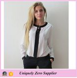 2016 New Arrival Long Sleeve Bowknot Round Neck Chiffon Blouse