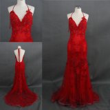 Beading Red Open Back Long Lace Party Dress Evening Gown