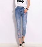 Summer Style Fashion Women Denim Jeans Flower Print Nine Skinny Jeans
