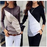 Long Sleeve Contrast Color Spliced Round Neck Tee Tops Blouse