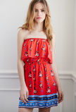 Girl Fashion Allover Floral Tribal Print and a Crochet-Trimmed Flounce Silhouette Strapless Dress with Elasticized Neckline