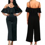 Fashion Women Sexy Slim V-Neck Ruffle Backless Jumpsuit Pants