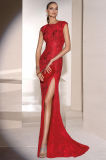 Round Neck Side Split Red Lace Prom Dress Evening Gown