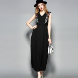 Black Sleeveless Pleated Long Women Dress with Embroidery Stitching