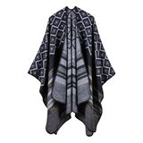 Women's Color Block Open Front Blanket Poncho Geometric Cashmere Cape Thick Warm Stole Throw Poncho Wrap Shawl (SP217)