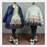 Cute Flower Pattern Winter Dress with Girls Wool Coat Set for Girls