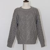 Winter Basic Style Warm Ladies' Wool Sweater Top in Heavy Guage with Whole Body Cable Pattern and Long Sleeves