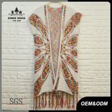 Women Abstract Flower Vest Cardigan with Fringe Hem