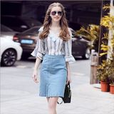 Denim Skirt with Zipper +Strip Printed Top with Flare Sleeve