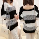 Korean Loose Casual Mohair Knitted Stripe Pullover Sweater for Women