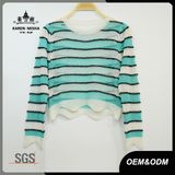 Women Green Striped Crop Sweater with Wave Hem