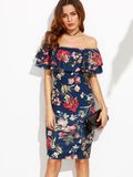 Wholesale Flounce Layered Neckline Flower Printing Sexy Bodycon Dresses