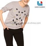 Grey Knitted Long Sleeve Sweater with Embroidery