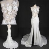 Sheer Lace Bodice Handsewn Flowers Side Split Dress Wedding Gown