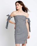 Gingham Cynthia Knotted off Shoulder Bodycon Mini Plaid Dress