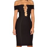2018 Gold Chain Crisscross Lace up Black Bandage Dress