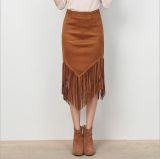 2015 European Newest Fashion Autumn Winter Faux Suede Tassel Lady Long Skirt for Wholesale