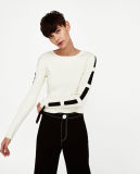 Women Ribbed Knit Crop Top with High Collar and Long Sleeves