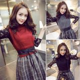 Ws1144 Ladies Lace Plaid Long Sleeve Dress 2PCS Suit