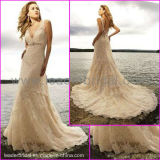 Double Straps V-Neck White Ivory Lace Beaded Beach Bridal Wedding Dress (L21)
