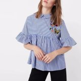 Fashion Women Stripe Flare Sleeve Embroidery Baby-Doll Blouse