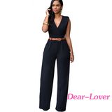 Fashion Black V Neck Belt Embellished Jumpsuit