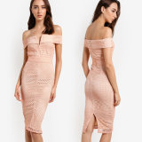 off Shoulder Neckline Pink Lace V Bardot MIDI Dress