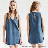 Ladies V-Neck Denim Dress with Raw Edges on Hemline