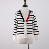 Girls' Black/Cream Striped Cardigan with Lose Version and Soft Handfeel, Contrast Color Entrance Guard