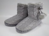 Women Indoor Bootie Marl Grey Cable Knit and POM-POM
