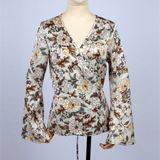 Long Sleeve V-Neck Flower Print Bandage Chiffon Loose Blouse for Women Apparel