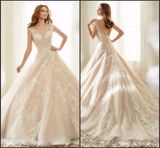 Cap Sleeves Bridal Ball Gown Lace Appliqued Blush Wedding Dress A156