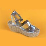 Fashion Womens PU Buckle Strap Wedge Silver Espadrille Sandals
