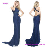 China Manufacture Wholesale Crystal Beaded Column Gown with a Low Back Eveing Dress