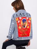 Patch Back Letter Print Bleach Wash Denim Jacket for Women