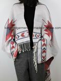 Acrylic Fashion Lady Winter Warm Jacquarded White Fringe Woven Poncho