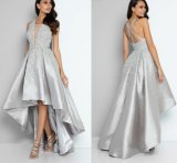 Silver Evening Party Dress Pearls Beaded Hi-Low Bridal Prom Cocktail Dress E02