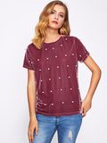 2018 New Designs Summer Pearl Beaded Velvet Short Sleeve Tee