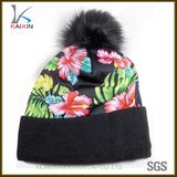 Custom Polyester Printing Knitted Beanie Hat with Top Ball