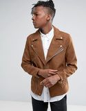 Pull&Bear Faux Suede Biker Jacket in Tan