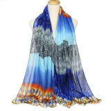 Wholesale Degrading Printed Flourish Polyester Scarf with Lace (HWS43)