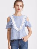 2017 Wholesale Women Eyelet Embroidered Ruffle Trim Open Shoulder Tops Blouses