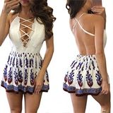 Fashion Women Sexy Slim Printed V-Neck Bandage Backless Clothes Dress