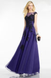 Hollow Back Black Lace Purple Tulle Party Evening Dress