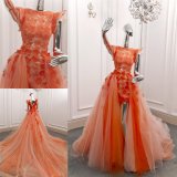 Orange Lace Tulle with Removeable Long Train Evening Gown